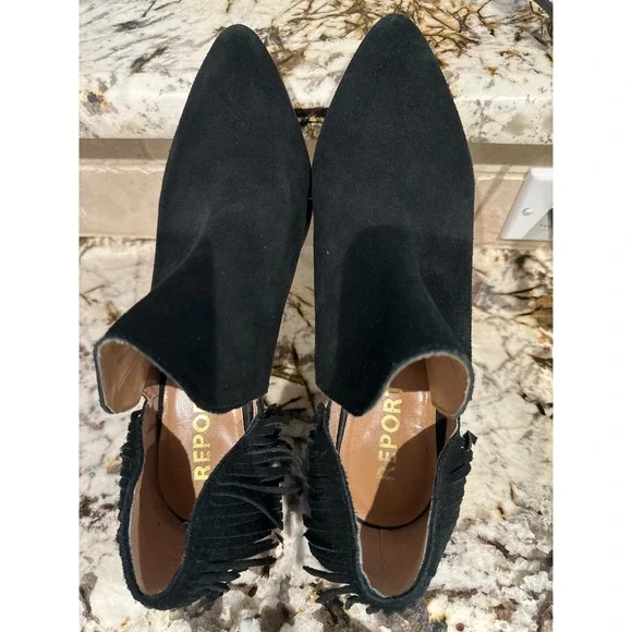 Boho Western Chic Black Faux Suede Fringe Slip On Ankle Booties Boots Size 9 - Picture 6 of 9